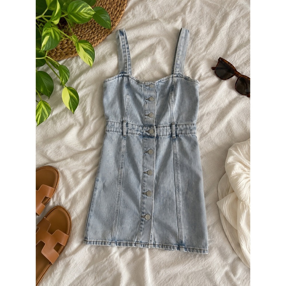 Forever 21 Womens Light Wash Button Down Denim Mini Dress Blue Small